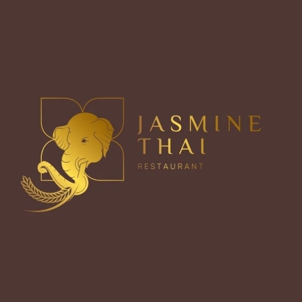 Jasmine Thai Restaurant logo with a golden elephant head and text on a brown background.